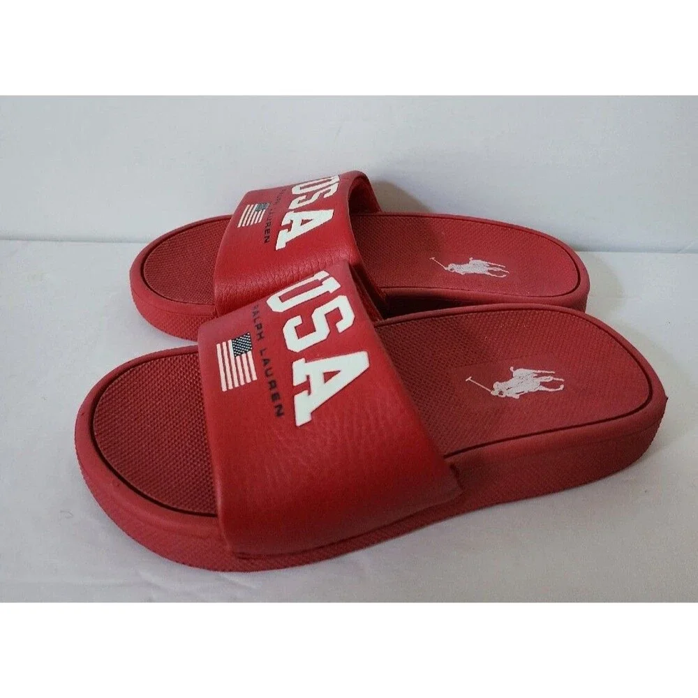 Polo Ralph Lauren IVER Slides Sandals Flag USA Eva Red Grade School Kids Size 11